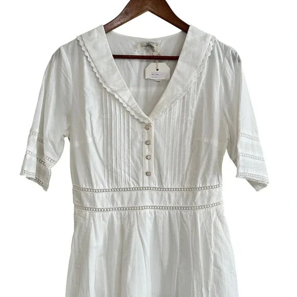 Simple Retro Fiona V Neck White Cotton Eyelet Lace Sailor Collar Midi Dress NWT - Picture 12 of 13